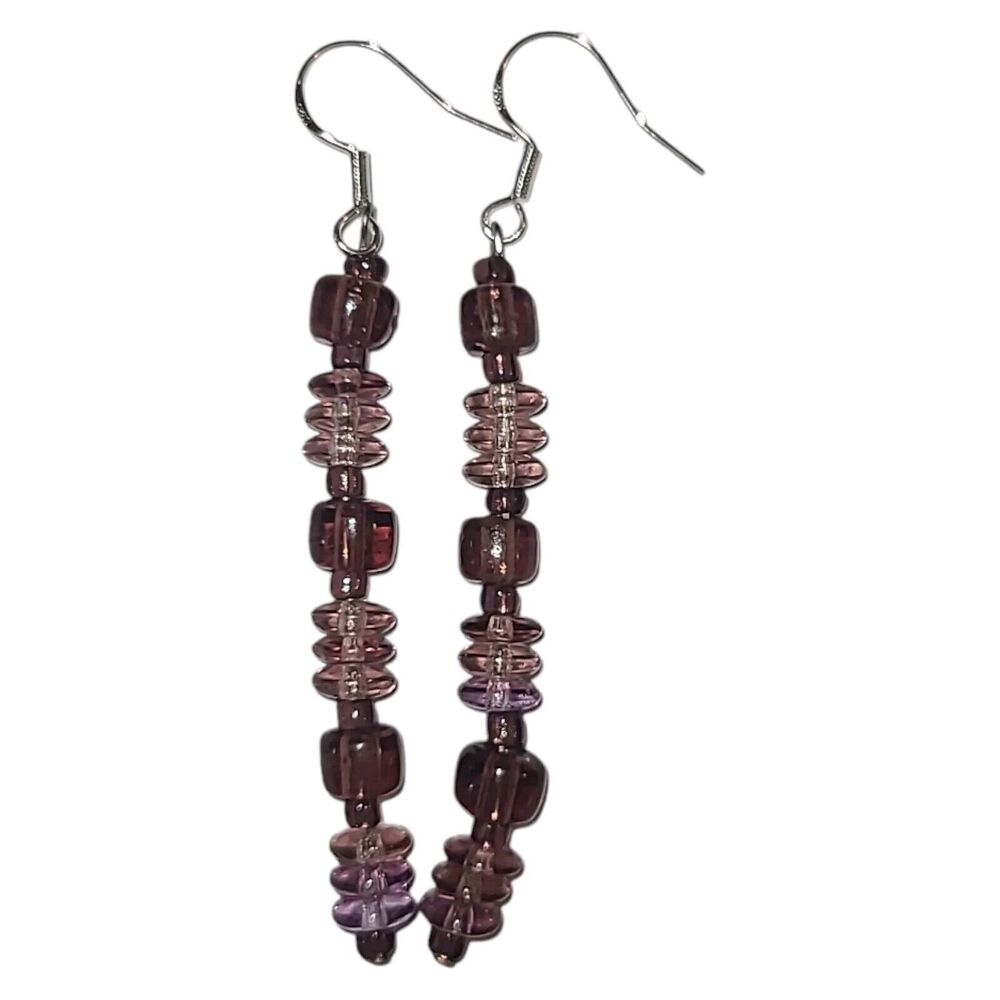 Handmade Sterling Silver‎ 925 Purple Glass Bead Dangle Earrings 2.75"